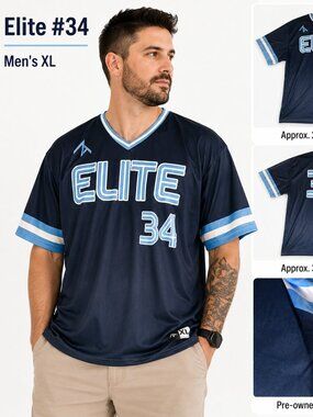 Elite #34 Navy Baseball Jersey Men’s XL V-Neck Athletic Shirt Flawed